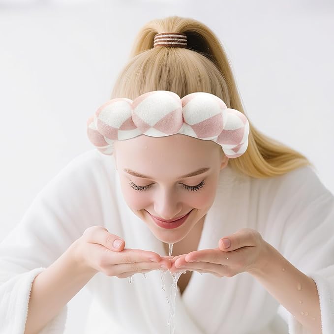 Zkptops Spa Headband for Washing Face Wristband Set Sponge Makeup Skincare Velvet Fabric Bubble Soft Get Ready Hairbands for Women Puffy Headwear Non Slip Thick Thin Hair Accessory (Checkered)