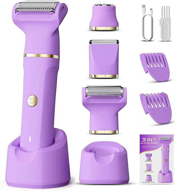 Bikini Trimmer for Women, Tiovara Painless Electric Razors Shaver IPX7 Waterproof Cordless Body Hair Trimmer Pubic Hair Removal with USB Charge Dock for Underarm Leg Arm Body Face Silk Skin (Purple)
