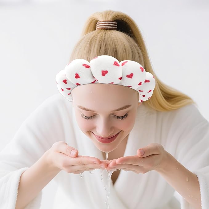 Zkptops Spa Headband for Washing Face Wristband Set Sponge Makeup Skincare Velvet Fabric Bubble Soft Get Ready Hairbands for Women Puffy Headwear Non Slip Thick Thin Hair Accessory (Red Heart)