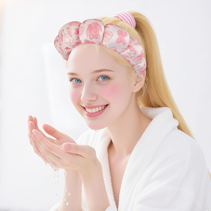 Zkptops Spa Headband for Washing Face Wristband Set Sponge Makeup Skincare Velvet Fabric Bubble Soft Get Ready Hairbands for Women Puffy Headwear Non Slip Thick Thin Hair Accessory(Pink Bow)