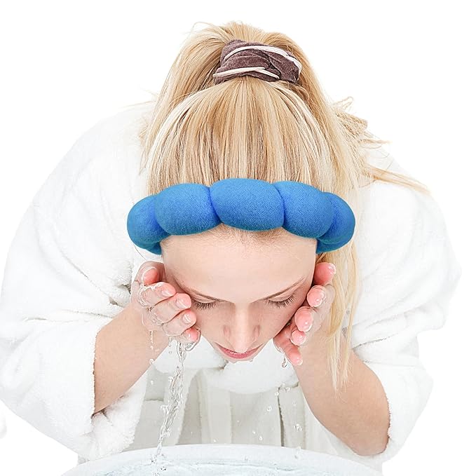 Zkptops Spa Headbands for Washing Face Wristband Set Sponge Makeup Skin Care Headband Towels Bubble Soft Hairband for Women Girls Puffy Headwear Winter Non Slip Thick Thin Hair Accessory(Dark Blue-3)