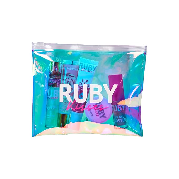 Ruby Kisses Value Lip Care Travel Kit With Rosehip Oil Clear Lip Gloss, High Shine Plumping Gloss, Pink Lip Oil Booster, Exfoliating Lip Scrub, Hydrating Intensive Lip Mask + Holographic Makeup Bag