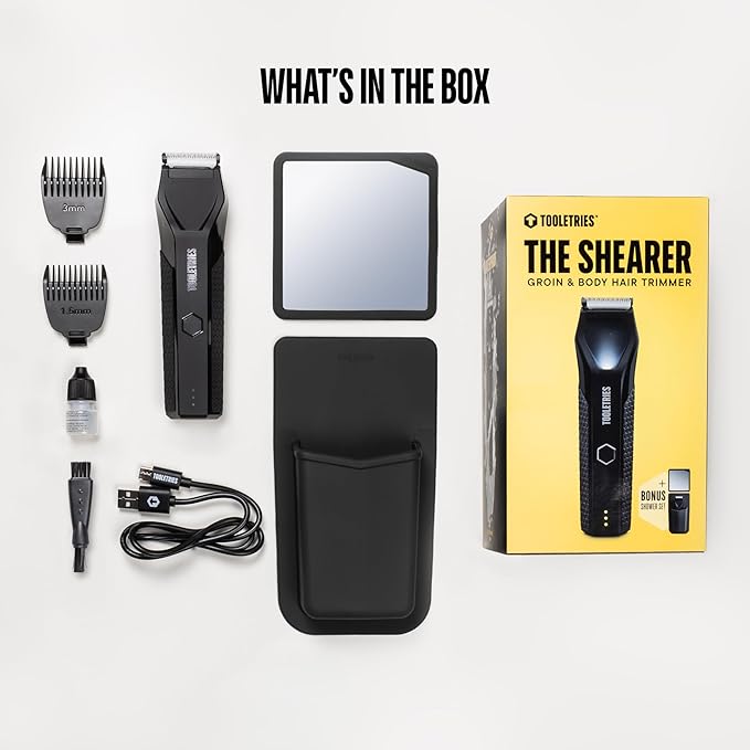 TOOLETRIES The Shearer - Groin & Body Hair Trimmer for Men, Electric Shaver for Pubic Hair, Balls, Groin, Chest, Legs, Waterproof Wet/Dry Clippers, Rechargeable, Bonus Shower Kit