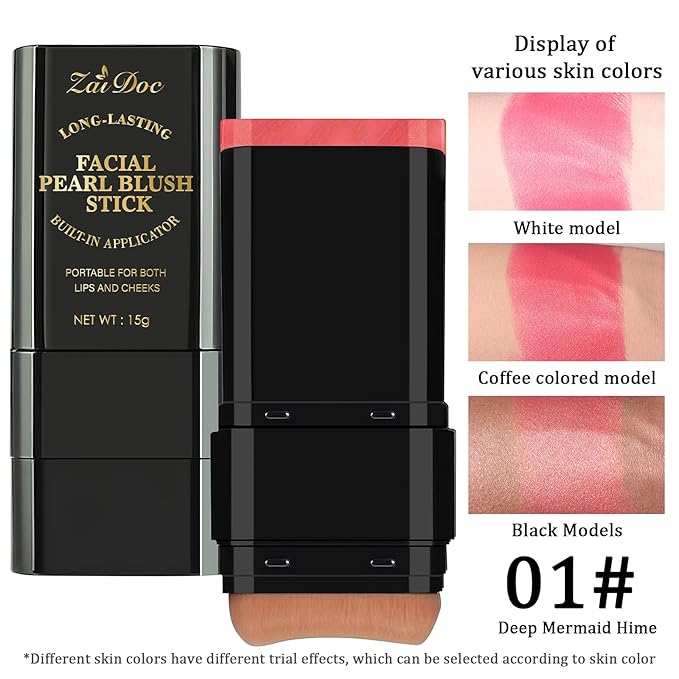Facial Blush Stick with Brush, Creamy Lip & Cheek Color with Caesalpinia Sappan Extract, Pearl Deep Pink, 0.5 Oz