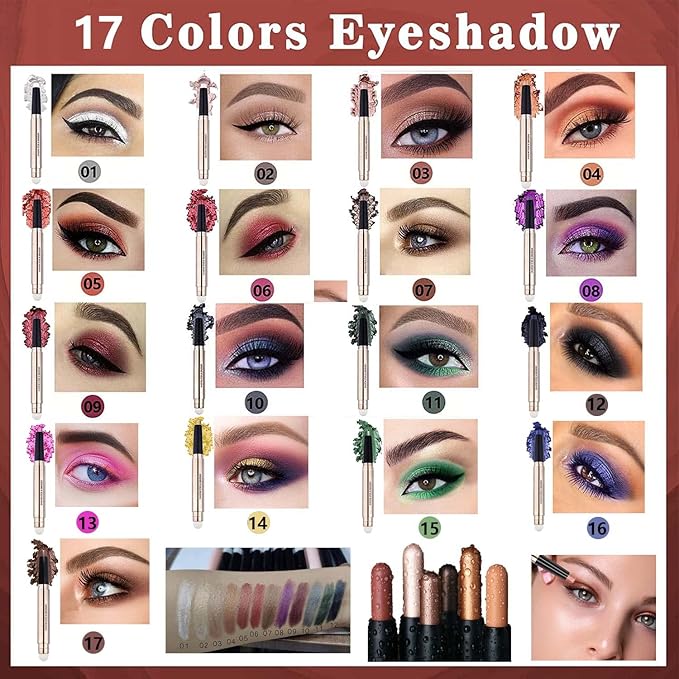 2 in 1 Brown Eyeshadow Stick Matte Cream Shimmer Eyeshadow Pencil Eyeliner Dark Light Single Crayon Primer Palette Hypoallergenic Waterproof Long Lasting Eye Shadow Highlighter Stick 17