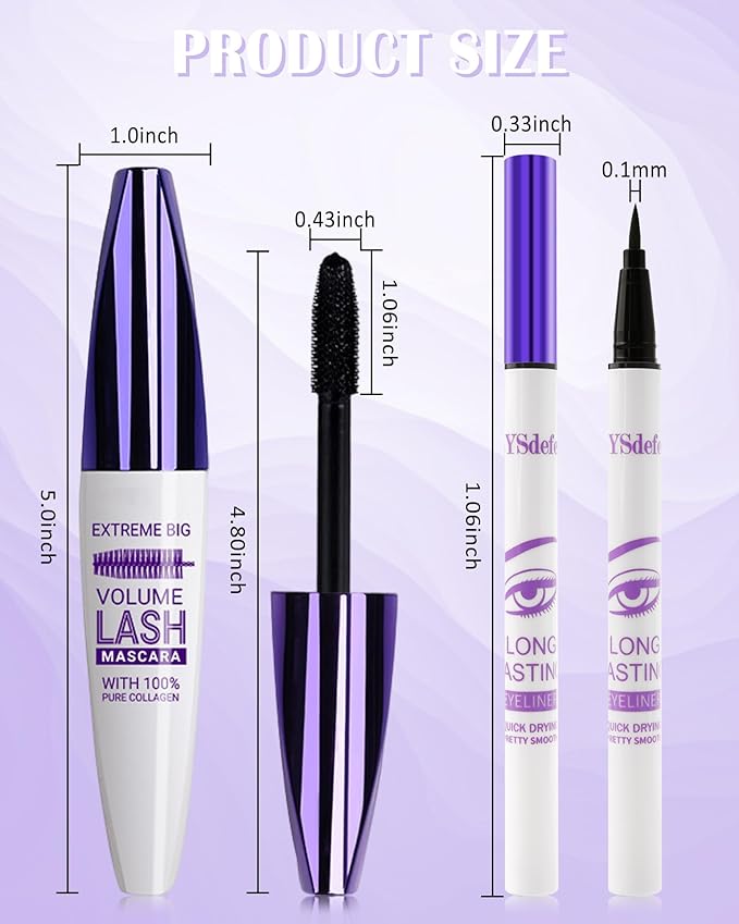 Purple Mascara & Liquid Eyeliner Set,5D Waterproof Silk Fiber Colored Mascara Volume and Length,Longlasting Smudgeproof Color Eye Liner Pen,Christmas Colorful Eye Makeup Gift Kit for Women Girl-05