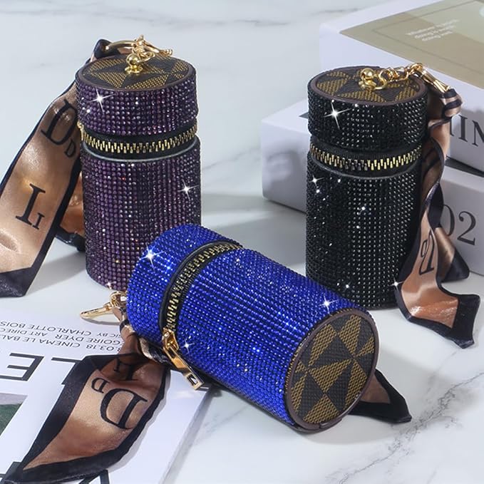 Bling Rhinestone Shiny Lipstick Case Keychain, Leather Diamond Lip Gloss Holder, Travel Lipstick Organizer for Purse Perfume Fingernail Polish (Champagne)