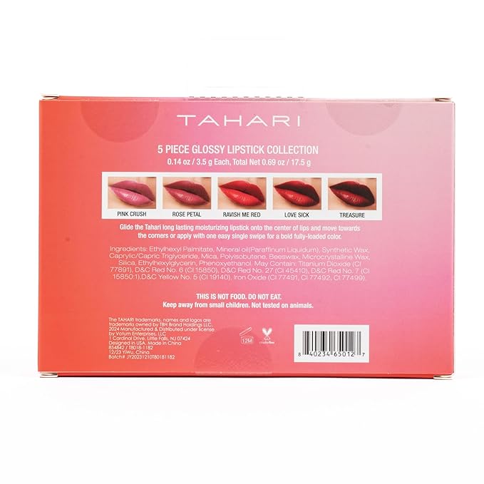 VOTUM Tahari 5pc Lipstick Set – Multi-Finish Lipsticks for Women, Matte, Cream, and Pearl, Long-Lasting Lipstick Color Gift Set (Red)