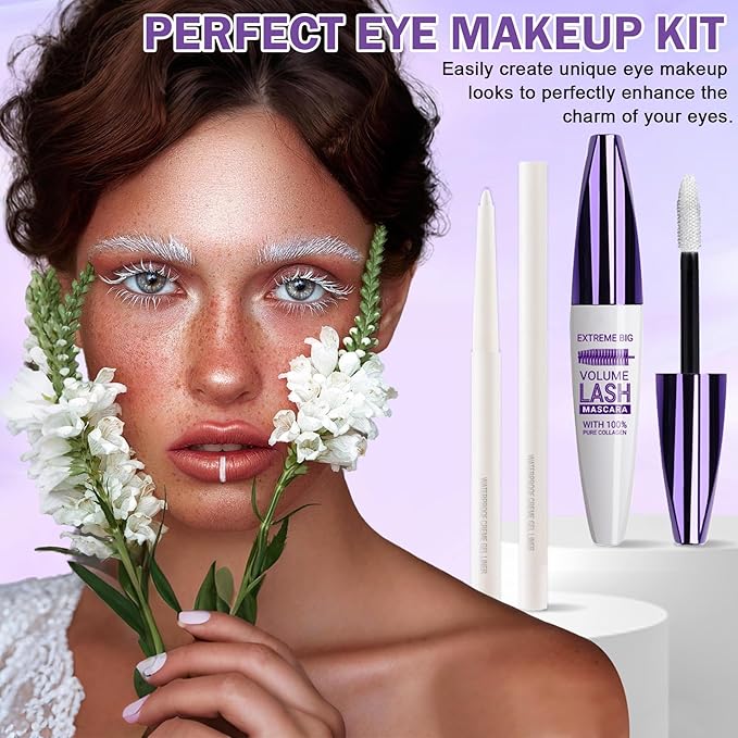 White Mascara and Eyeliner Set 5D Coloured Mascara for Eyelashed, Volumizing Curling Defining Eye Lashes,Long-Lasting Waterproof White Makeup