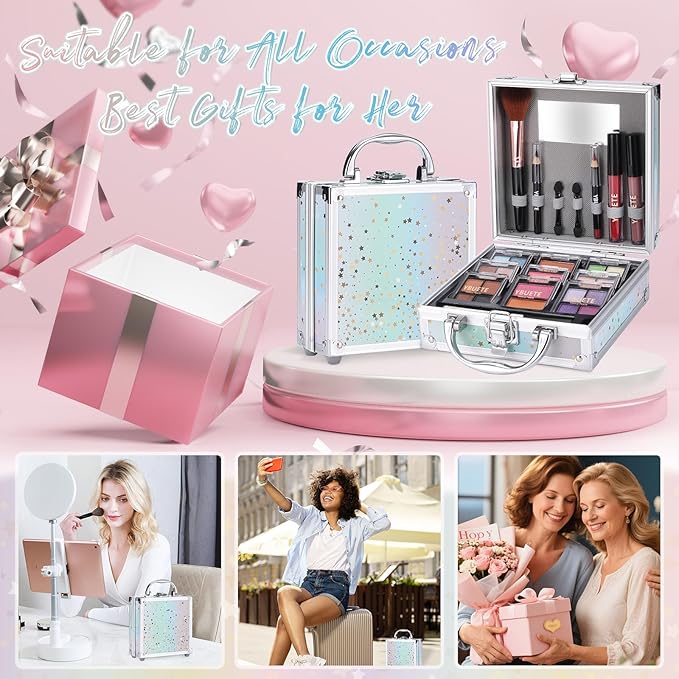 Beginner Makeup Set for Teen Girl Women, Makeup Present for Her, Makeup Kit with Cosmetic Train Case Contained Eyeshadow Blush Lip Gloss and Oil Lip Liner Eyeliner Brushes Mirror (Green)