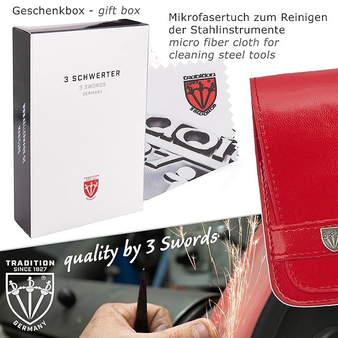 3 Swords Germany - brand quality 6 piece manicure pedicure grooming kit set for professional nail care with red synthetic leather case - Made in Germany