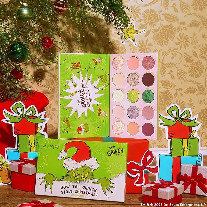 ColourPop x The Grinch How The Grinch Stole Christmas Eyeshadow Palette - Limited Edition 15 Pan Eye Makeup Palette with 5 Buildable & Blendable Finishes - High-Pigment, Long Lasting Formula (0.63 oz)