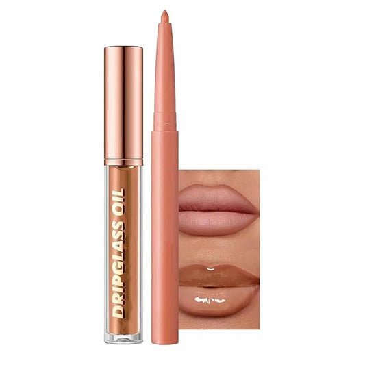 Brown Lip Liner Lip Gloss Set, Waterproof Lip Kit with Lip Oil Lip Liner Pencil, Hydrating Long-Lasting Lipgloss Lip Pencil, High Pigment Non-Sticky lip liner Stain Lipliner (06# Brown)