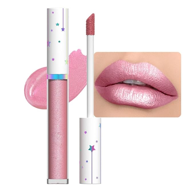 evpct 1Pcs Pink Metallic Glitter Lipstick Lip Gloss Stain for Women Long Lasting Waterproof 24, Hot Light Nude Pink Frosted Metallic Shimmer Glossy Chrome iridescent Liquid Lipstick Lip Gloss Makeup