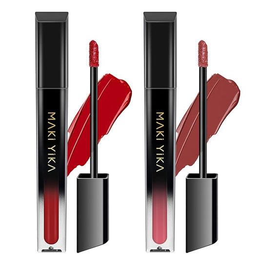 MAKI YIKA 2Pcs Matte Liquid Lipstick Set MVP Red Nude Lipstick Long Lasting Smudgeproof Transfer Proof Lip Makeup, MVPRed/Nude