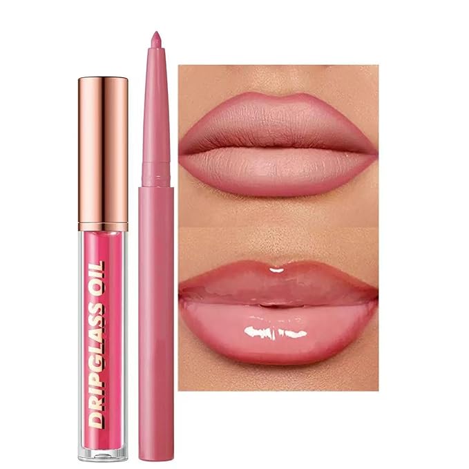 Pink Lip Liner Lip Gloss Set for Women,Pluming Lip Kit with Lip Oil Lip Liner Pencil,Waterproof Long Lasting Lipgloss Lip Pencil,Highly Pigmented Smudge proof lip liner Stain Lipliner (01# Light Pink)