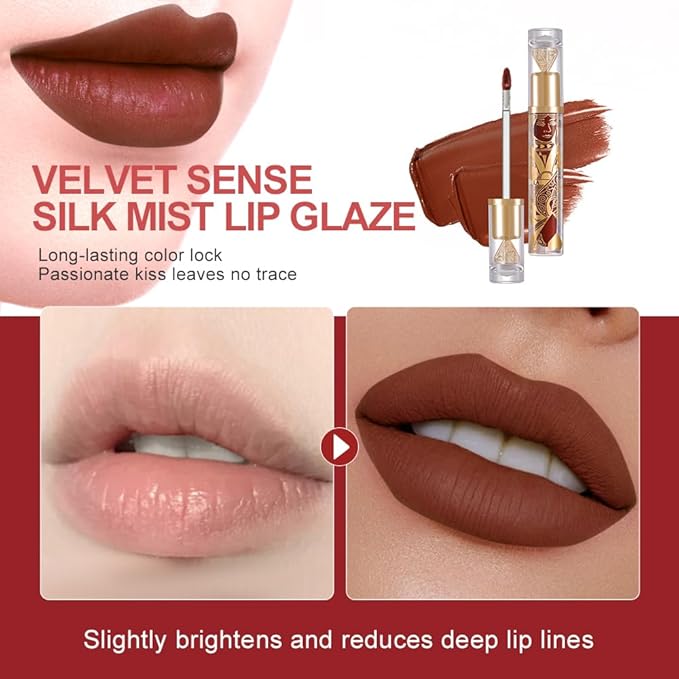 Matte Velvet Lip Stain, Long-Lasting Lip Tint, Waterproof Non-Sticky Lip Color, Transfer-Proof Smudge-Proof Lip Stain, Cloud-Like Soft Blurring Texture with Misty Velvet Finish, Mocha Brown-82A