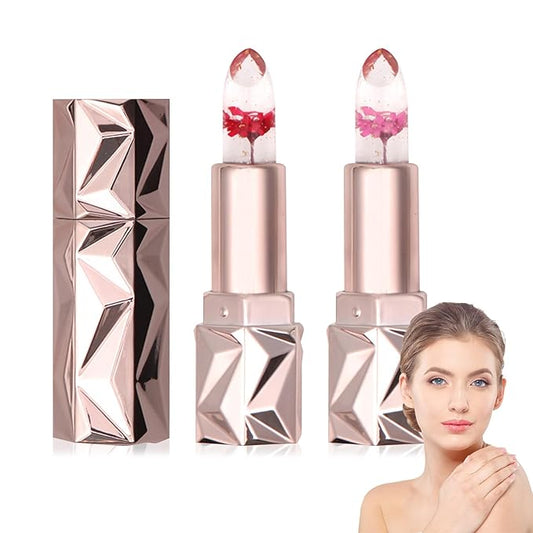 2 Pack Crystal Flower Jelly Lipstick,Magic Color Changing Lipstick,PH Clear Temperature Color Changing Lip Gloss,Lip Balm,Long Lasting Nourishing Moisturizing Lip Stick Set D01+02