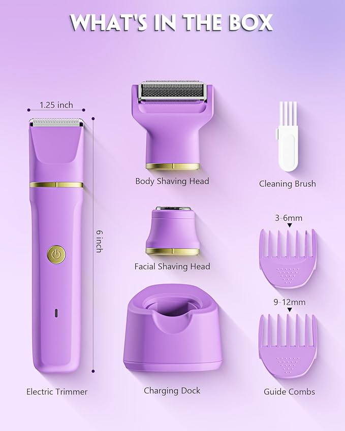 Bikini Trimmer for Women, Tiovara Painless Electric Razors Shaver IPX7 Waterproof Cordless Body Hair Trimmer Pubic Hair Removal with USB Charge Dock for Underarm Leg Arm Body Face Silk Skin (Purple)