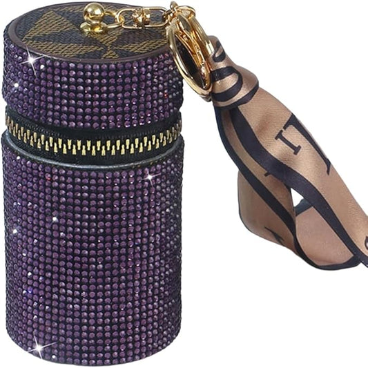 Bling Rhinestone Shiny Lipstick Case Keychain, Leather Diamond Lip Gloss Holder, Travel Lipstick Organizer for Purse Perfume Fingernail Polish (Purple)