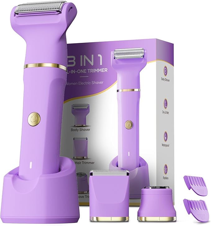 Bikini Trimmer for Women, Tiovara Painless Electric Razors Shaver IPX7 Waterproof Cordless Body Hair Trimmer Pubic Hair Removal with USB Charge Dock for Underarm Leg Arm Body Face Silk Skin (Purple)