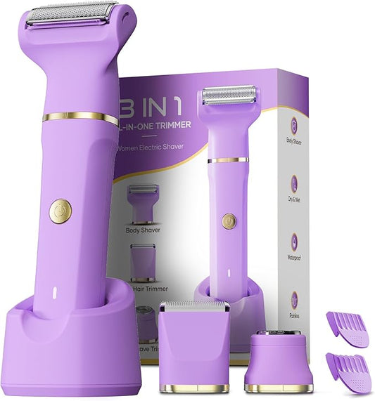 Bikini Trimmer for Women, Tiovara Painless Electric Razors Shaver IPX7 Waterproof Cordless Body Hair Trimmer Pubic Hair Removal with USB Charge Dock for Underarm Leg Arm Body Face Silk Skin (Purple)