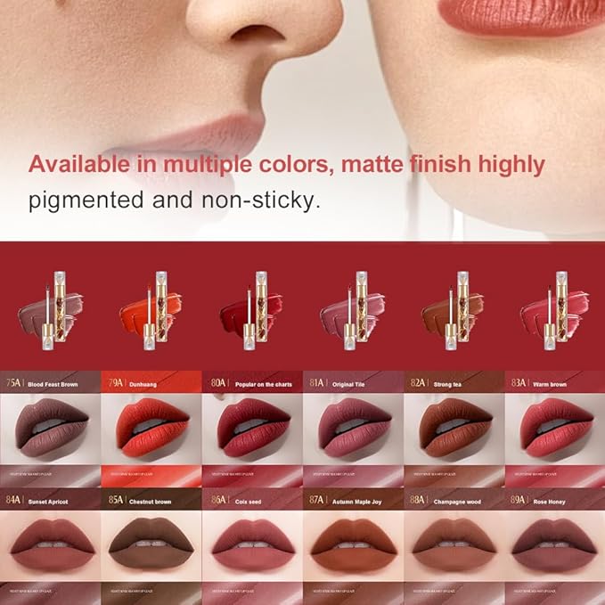 Matte Velvet Lip Stain, Long-Lasting Lip Tint, Waterproof Non-Sticky Lip Color, Transfer-Proof Smudge-Proof Lip Stain, Cloud-Like Soft Blurring Texture with Misty Velvet Finish, Chestnut Brown-85A