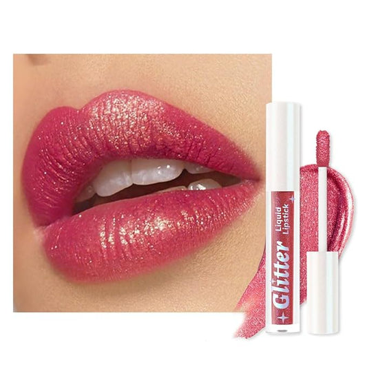 Dark Pink Metallic Lipstick for Women,Lightweight Glitter Sparkling Liquid Lipsticks,Shimmer Lip Gloss Stain Long Lasting Waterproof Smudge Proof Non-Drying 24 Hour Full Coverage Lip Makeup,Vegan