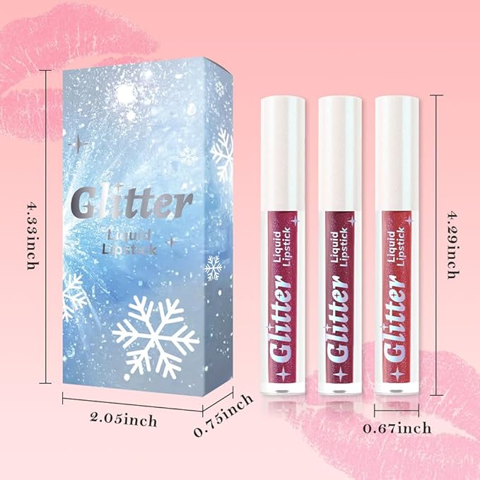 3Pcs Metallic Lipstick for Women,Lightweight Glitter Sparkling Liquid Lipsticks,Shimmer Lip Gloss Stain Long Lasting Waterproof Smudge Proof Non-Drying 24 Hour Full Coverage Lip Makeup,Vegan