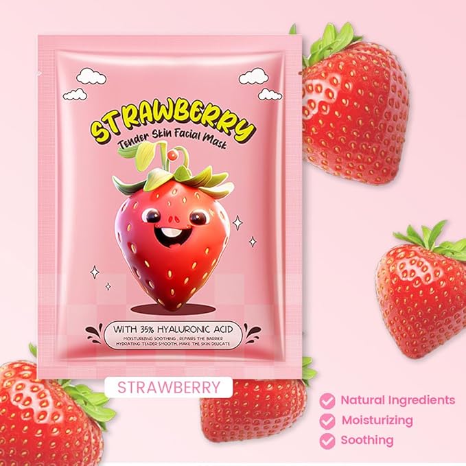 12 Pack Kids Face Masks for Kids Girls Spa, Girls Kids Facial Spa Day Slumber Sleepover Birthday Party Favors Supplies Kit for Girl, Kid Friendly Facial Face Masks Bulk Skincare for Kid, Strawberry