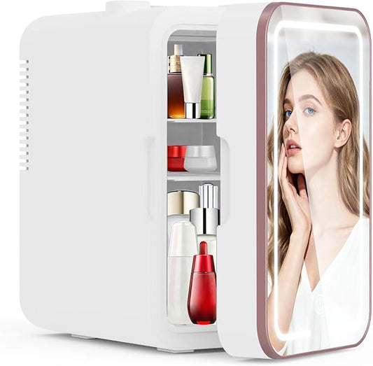 Skincare Fridge, 6L/10 Can Small Mini Fridge for Bedroom with 3-Level Dimmable LED Mirror for Makeup Cosmetics, Cooler & Warmer Personal Refrigerator for Drink Office Dorm and Food, Pink Gold