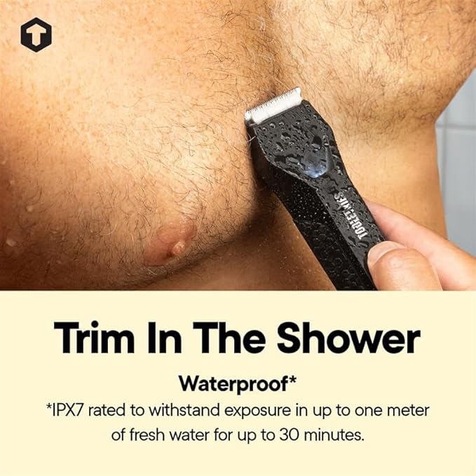 TOOLETRIES The Shearer - Groin & Body Hair Trimmer for Men, Electric Shaver for Pubic Hair, Balls, Groin, Chest, Legs, Waterproof Wet/Dry Clippers, Rechargeable, Bonus Shower Kit