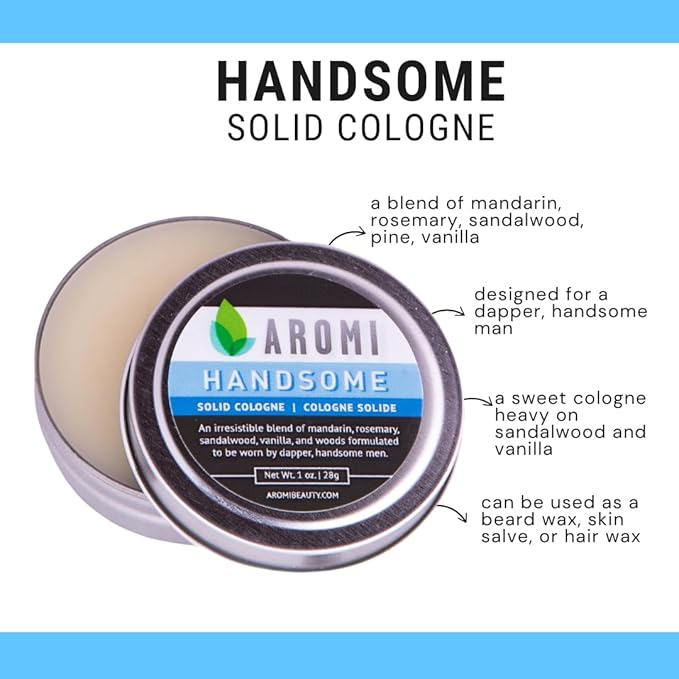 Aromi Solid Cologne | Sweet, Vanilla, Musk Fragrance, Sandalwood, Vegan and Cruelty-free Scent, Portable, Travel, Small Gift, Men's Stocking Stuffer, Alcohol-free (Handsome)