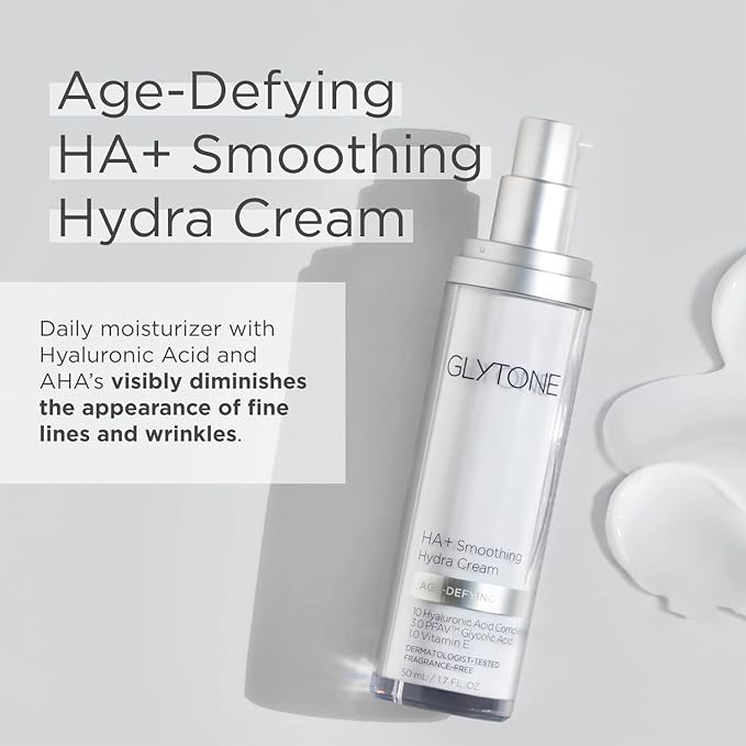 Glytone Age-Defying HA+ Smoothing Hydra Cream | Anti Aging Face Moisturizer for Fine Lines & Wrinkles | Firms & Hydrates with 10 Hyaluronic Acid, 3.0 PFAV™ Glycolic Acid & 1.0 Vitamin E | 1.7 fl oz