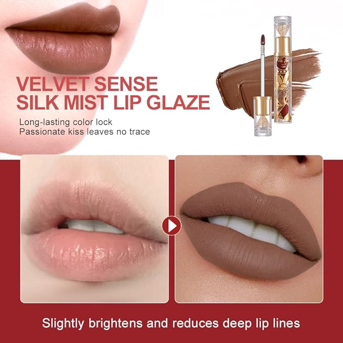 Matte Velvet Lip Stain, Long-Lasting Lip Tint, Waterproof Non-Sticky Lip Color, Transfer-Proof Smudge-Proof Lip Stain, Cloud-Like Soft Blurring Texture with Misty Velvet Finish, Chestnut Brown-85A
