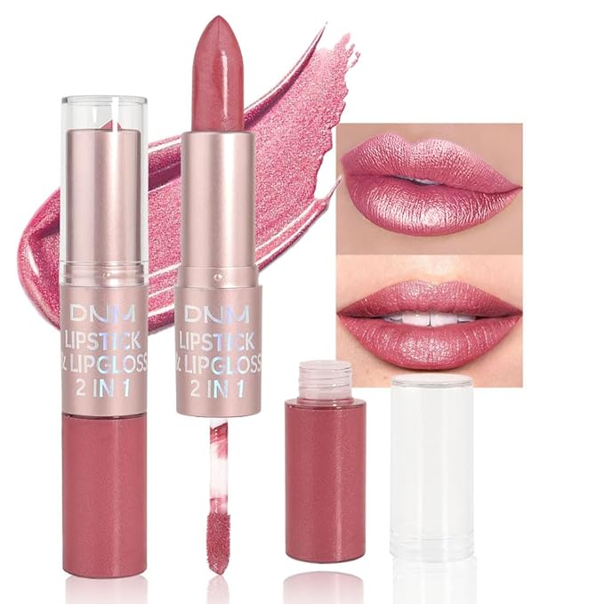evpct 2 in 1 Natural Nude Pink Glitter Metallic Shimmer Diamond Lipstick and Lip Gloss Set for Women Long Lasting Waterproof, Warm Rose Pink Sparkle Glitter Shiny Lipstick and Lip Liner Makeup Set, 05