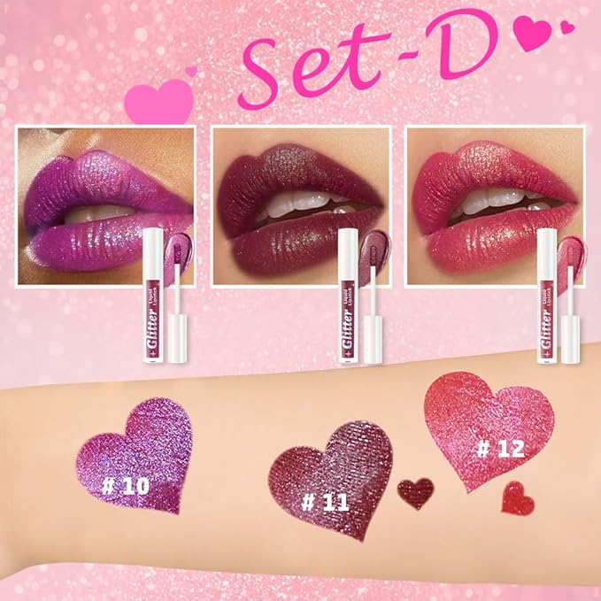 3Pcs Metallic Lipstick for Women,Lightweight Glitter Sparkling Liquid Lipsticks,Shimmer Lip Gloss Stain Long Lasting Waterproof Smudge Proof Non-Drying 24 Hour Full Coverage Lip Makeup,Vegan