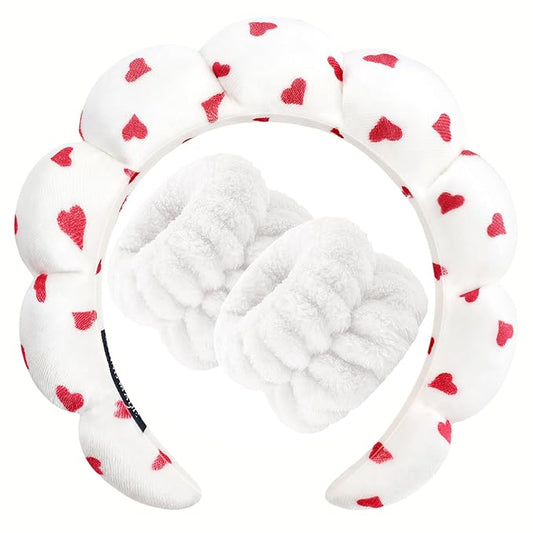 Zkptops Spa Headband for Washing Face Wristband Set Sponge Makeup Skincare Velvet Fabric Bubble Soft Get Ready Hairbands for Women Puffy Headwear Non Slip Thick Thin Hair Accessory (Red Heart)