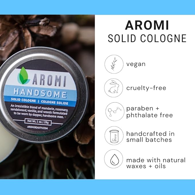 Aromi Solid Cologne | Sweet, Vanilla, Musk Fragrance, Sandalwood, Vegan and Cruelty-free Scent, Portable, Travel, Small Gift, Men's Stocking Stuffer, Alcohol-free (Handsome)