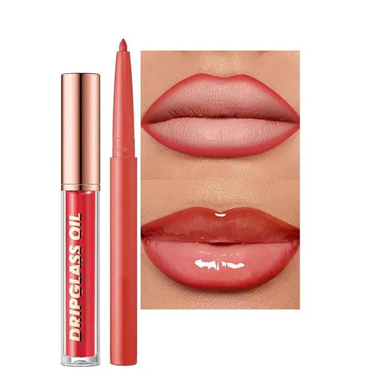 Red Lip Liner Lip Gloss Set, Pluming Lip Kit with Lip Oil Lip Liner Pencil, Waterproof Long Lasting Lipgloss Lip Pencil, Highly Pigmented Smudge proof lip liner Stain Lipliner (10# Red)
