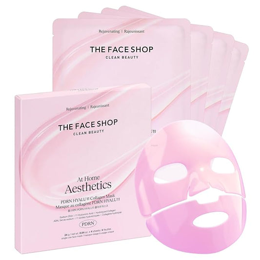 The Face Shop Rose PDRN Pink Collagen Face Mask, Korean Glass Skin Essential, Hyaluronic Acid for Moisturizing & Skin Elasticity, Firming, 4EA