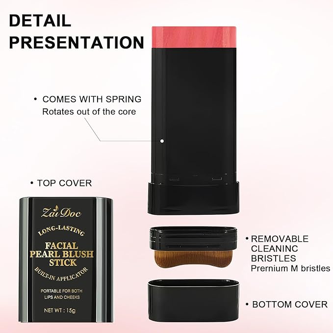 Facial Blush Stick with Brush, Creamy Lip & Cheek Color with Caesalpinia Sappan Extract, Pearl Deep Pink, 0.5 Oz