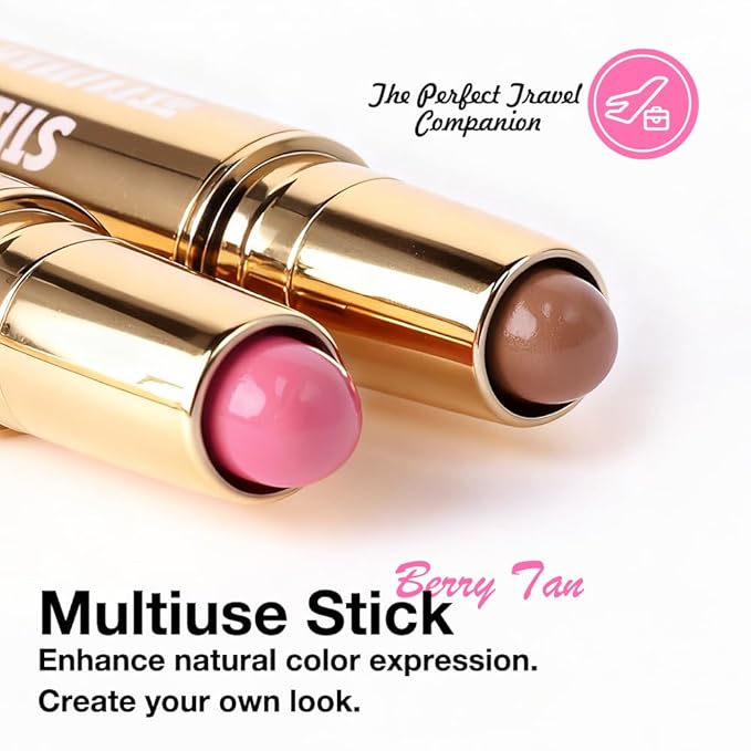 evpct 2In1 Blush Contour Multiuse Makeup Stick, Beachy Pink & Nude Creamy Butter Blush Bronzer Contour Multiuse Stick for Cheeks Lips Eyes Faces, Ultra-Creamy Radiant Finish, Vegan & Cruelty-Free
