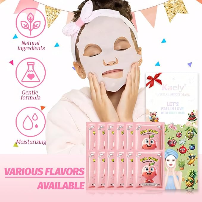 evpct 12 Pack Kids Face Masks for Kids Girls Spa, Girls Kids Facial Spa Day Slumber Sleepover Birthday Party Favors Supplies Kit for Girl, Kid Friendly Facial Face Masks Bulk Skincare for Kid, Peach