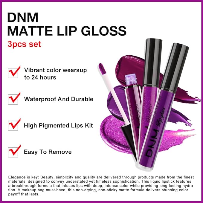 Violet Purple Crystal Metallic Shimmer Glitter Matte Liquid Lipstick Lip Stain Sets for Women Matte+Lipstick Long Lasting Waterproof Permanent 24 Hours Magic Lipstick 24 Hours originalSet(24#)