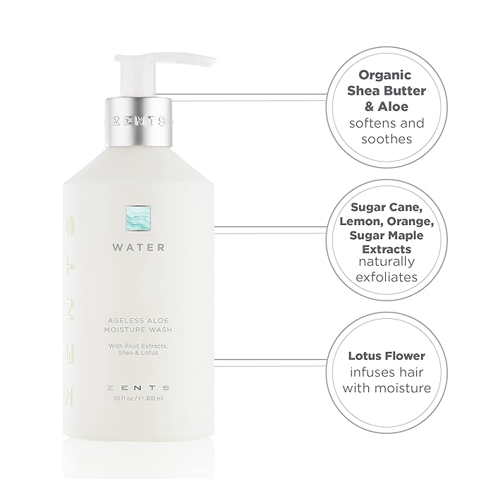 Zents Hand & Body Wash (Water Fragrance) | Hydrating Anti-Aging Cleanser with Organic Shea Butter & Aloe for Dry Skin | Gentle & Nourishing | 10 fl oz