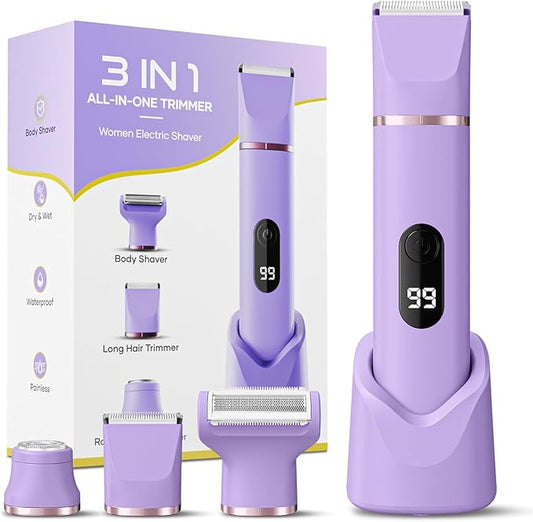 Bikini Trimmer for Women, Tiovara Painless Electric Razors Shaver IPX7 Waterproof Cordless Body Hair Trimmer Pubic Hair Removal with USB Charge Dock for Underarm Leg Arm Body Face Silk Skin (Lilac)