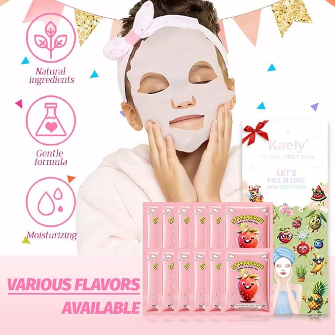 12 Pack Kids Face Masks for Kids Girls Spa, Girls Kids Facial Spa Day Slumber Sleepover Birthday Party Favors Supplies Kit for Girl, Kid Friendly Facial Face Masks Bulk Skincare for Kid, Strawberry
