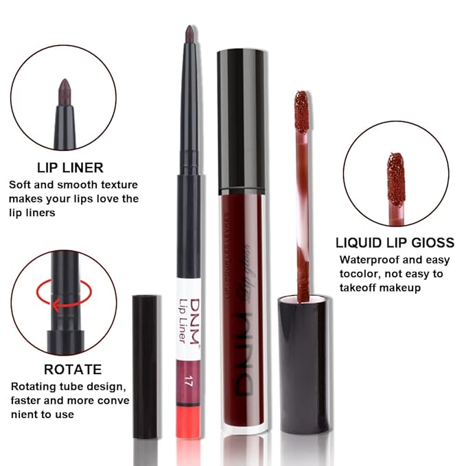 evpct 2Pcs Dark Deep Burgundy Red Matte Lipstick and Lip Liner Makeup Set for Women Dark Blood Red Liquid Matte Brown Lipstick Lip Liner Stain long lasting waterproof Permanent Lipsticks 24 hours 17#