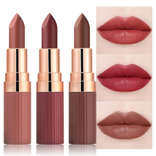 3Pcs Nude Rose Bright Red Warm Brown Lip Stick,Matte Cream Lipstick Set for Women,Long Lasting Waterproof Smudge Proof Velvet lipsticks Crayon,Lip Makeup Kit Travel Size,Vegan & Cruelty-free